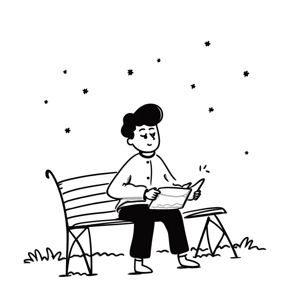 An artist sketching in a notebook while sitting on a park bench, in the style of clean vector art, black and white, monochrome, minimalist style, simple illustration
